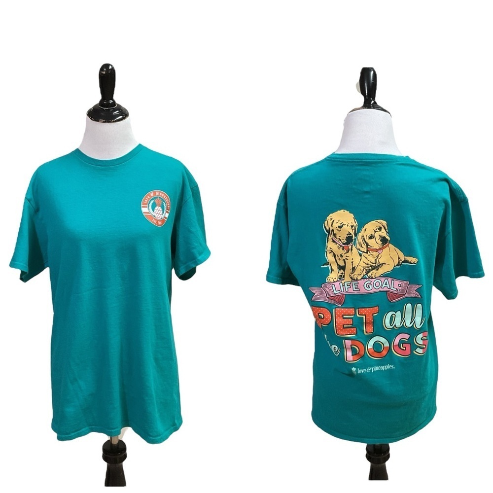 Love & Pineapples Women's M Medium Crewneck T-Shirt "Pet all the Dogs" Turquoise